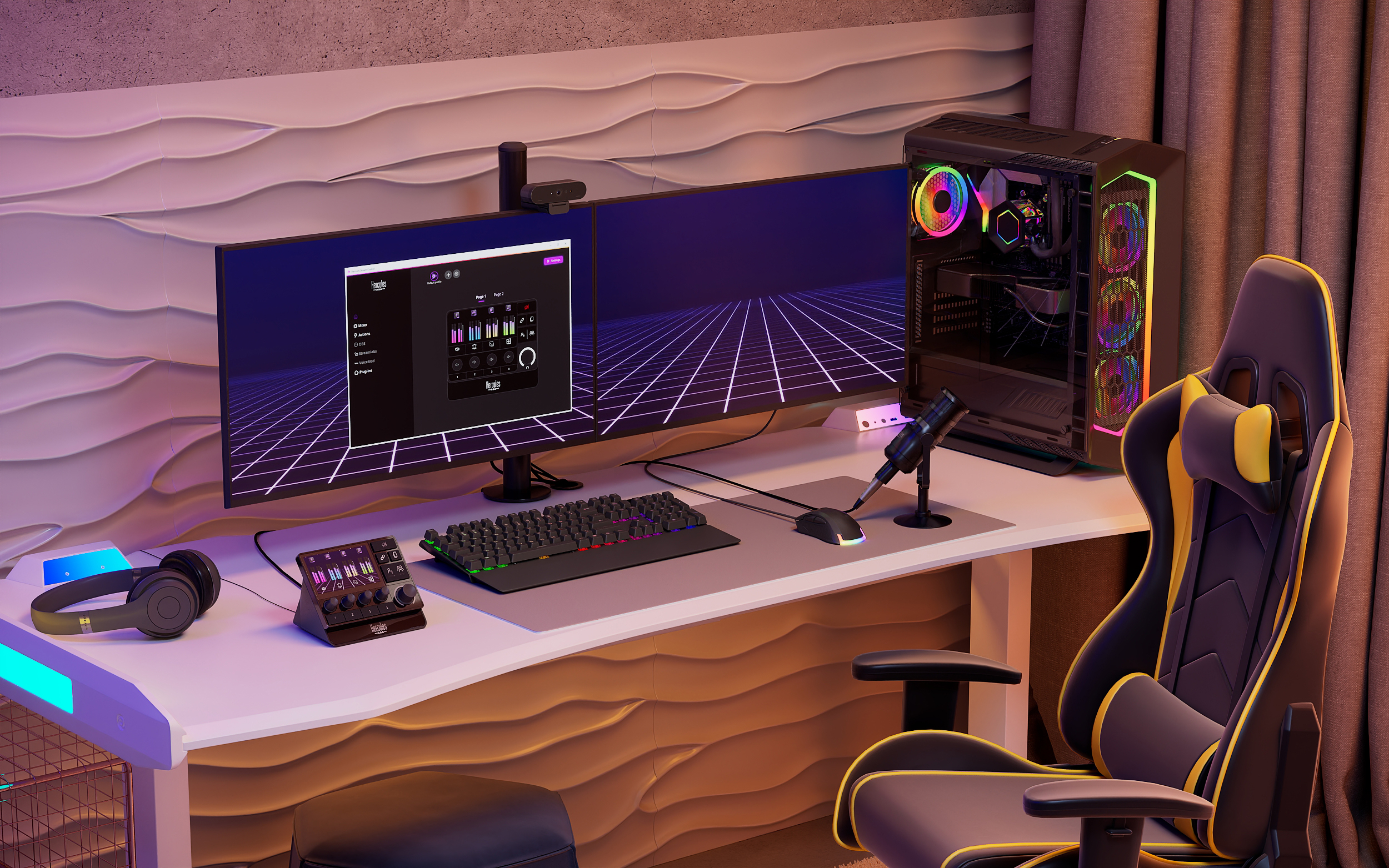 Stream 200 XLR and HXD-700 microphone in an illustrated streaming desk setup