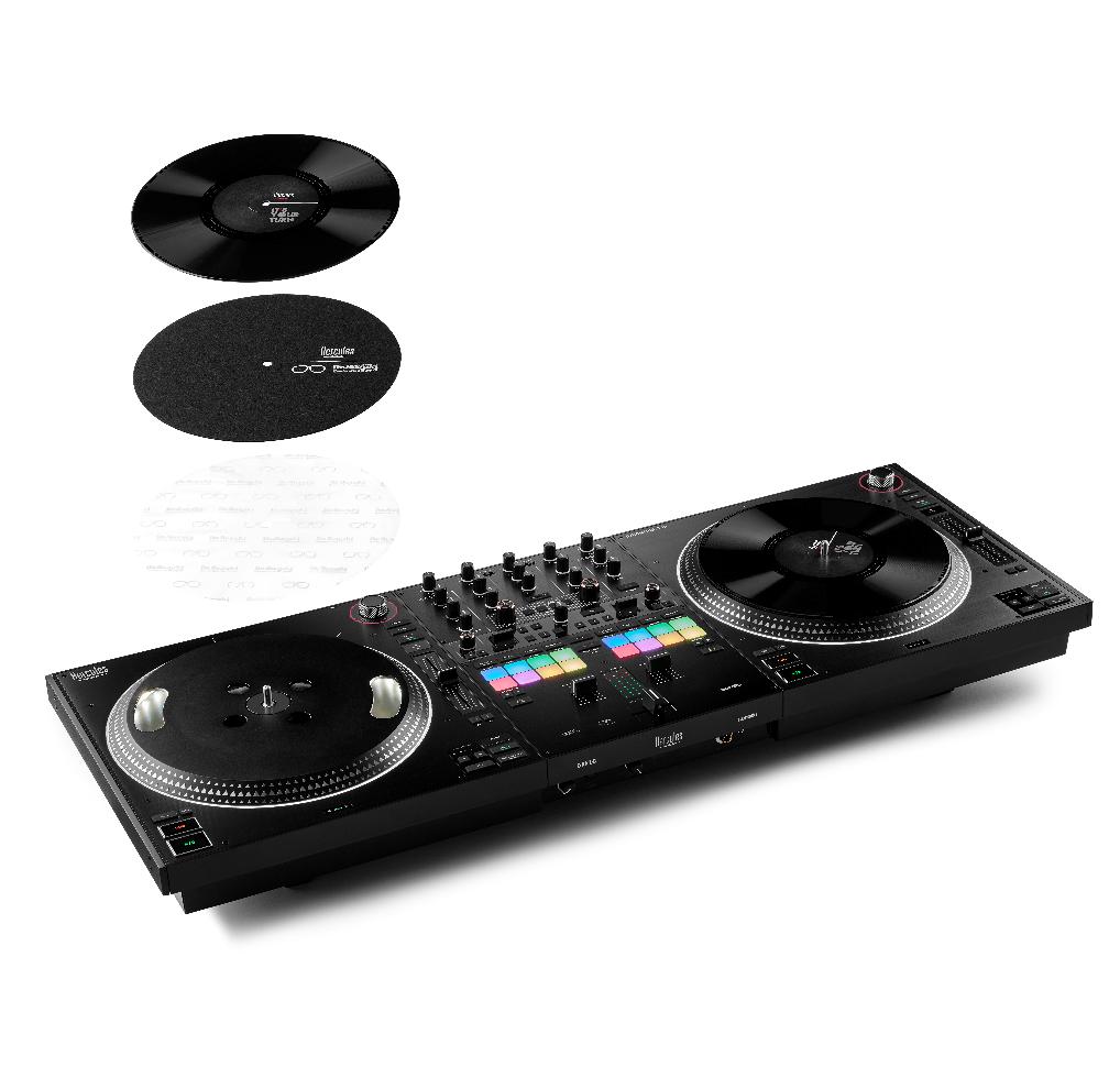Hercules DJControl T10 vinyl, slipmat and slipsheet above its motorized platter